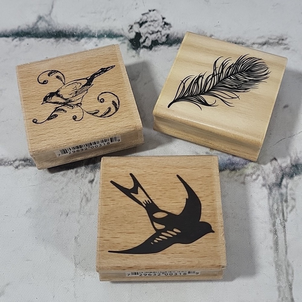 Rubber Stamps Lot Of 3 Birds Finch Dove Feather 2" Wood Mounted Hampton Art